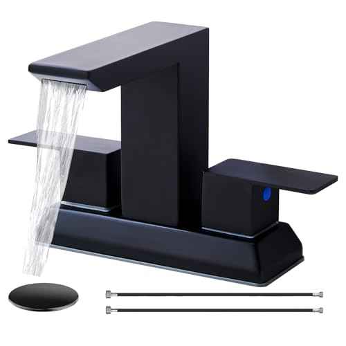 SHACO Black 4 Inch Centerset Bathroom Faucets 3 Hole or 2 Hole, Matte Black 2 Handle Waterfall Vanity Faucet, Lavatory Mixer Tap RV Sink Faucet with Overflow Pop Up Drain and Hose, SC-ZT907B-NEW1