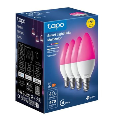 Tapo L430C(4-Pack) Smart Bulb, Alexa Light Bulbs, E14, LED Light Bulb, 470 Max Lumens, Dimmable, Colour Changing Light Bulb, Auto Biorhythm,Music Sync,Voice/APP Control,Schedule & Timer