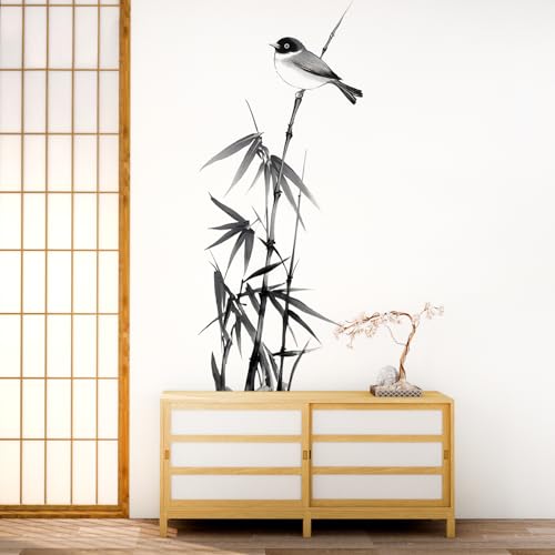 Chinese Ink Bamboo Wall Decals Removable Zen Painting Vinyl Stickers for Nursery Living Room and Bedroom Botanical Decor Peel and Stick Wall Art