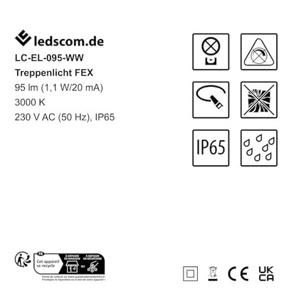 ledscom.de LED Staircase Light/recessed Wall Light FEX for Indoors and Outdoors, Angular, 85 x 85mm, Warm White