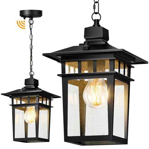 Dusk to Dawn Outdoor Pendant Light,Black Hanging Porch Light,Vintage Outdoor Chandelier,Waterproof Aluminum Exterior Pendant Lighting Fixture with Tempered Glass,Hanging Lights for Front Door Gazebo