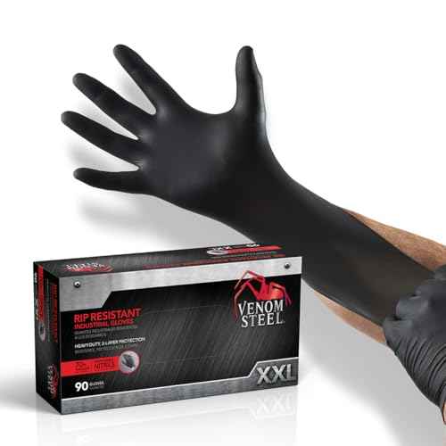 Venom Steel Industrial Nitrile Gloves, Chemical Resistant Disposable Black Gloves, Latex-Free, Powder-Free, Textured Grip, Heavy Duty Two-Layer Protection, 6 mil, XXL, (Pack of 90)