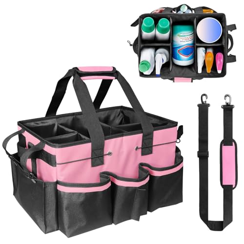 Grekos Wearable Cleaning Caddy Bag, Cleaning Caddy Suppliers Organizer with 4 Foldable Dividers, Handle & Shoulder Straps Cleaning Tool Organizers for Cleaners & Housekeeper (Pink)