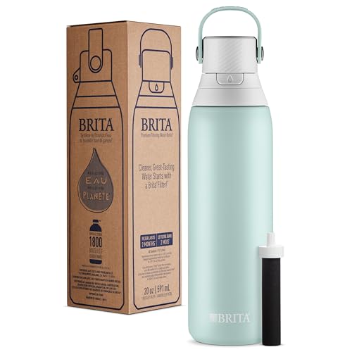 Brita Stainless Steel Premium Filtering Water Bottle, BPA-Free, Reusable, Insulated, Replaces 300 Plastic Water Bottles, Filter Lasts 2 Months or 40 Gallons, Includes 1 Filter, Glacier - 20 oz