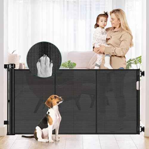 Reinforced 50" Wide Retractable Baby Gate Retractable Dog Gate with Support Rods - Anti-Bottom Crawl, Mesh Gate Retractable Gate Outdoor Retractable Pet Gate Indoor Doorway/Hallway/Stair Gate, Black