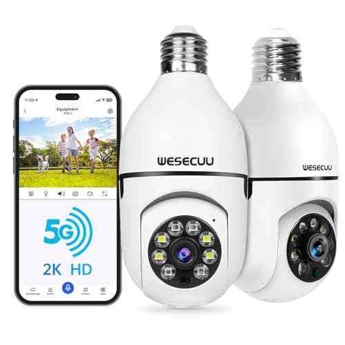 WESECUU Light Bulb Security Camera -5G& 2.4GHz WiFi 2K Security Cameras Wireless Outdoor Motion Detection and Alarm,Two-Way Talk,Color Night Vision,Human Detection, Bulb Camera Compatible with Alexa