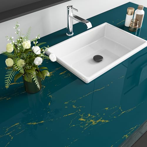 Livelynine Teal and Gold Contact Paper Marble Wallpaper Peel and Stick Countertops Waterproof Kitchen Vinyl Wrap Blue Desk Cover 15.8x78.8 Renter Friendly Counter Top Covers Heat Resistant Bathroom