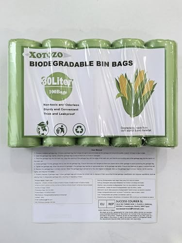 30 Litre Bin Liners 100 Bags, Biodegradable Food Waste Garbage Bags, 30L Strong Compostable Trash Caddy Liners, Recycling Degradable Rubbish Bag for Kitchen Bathroom Garden Office, Green, 60 x 65cm