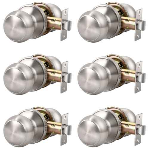 KNOBWELL 6 Pack Passage Door Knob Brushed Nickel,Round Door knob for Hall and Closet Door Knobs, Non-Locking Round Door Handle, Satin Nickel Interior Door Knob, Keyless Stainless Steel Passage Knobs