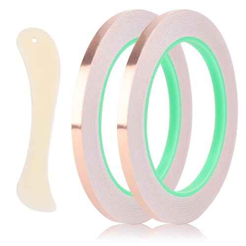 2 Rolls Copper Foil Tape, 1/4 Inch Wide Adhesive Copper Foil Tape for Stained Glass Double-Sided Conductive Tape with Plastic Scraper for Electrical Repair Paper Circuits Handicrafts
