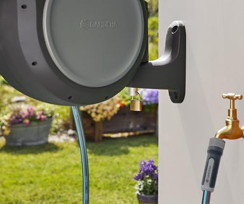 GARDENA 20505, 100' Retractable Garden Hose Reel with US Hose Threads - 100' x 1/2" hose, Automatic Retraction & Length Lock for Easy Watering. Heavy Duty Swivel Bracket 180°, Includes Nozzle.