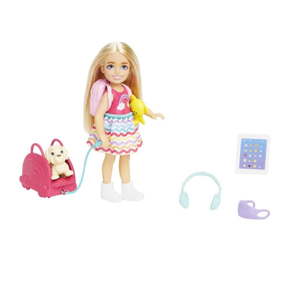 Barbie Chelsea Doll & 6 Accessories, Travel Set with Puppy, Pet Carrier & Backpack that Opens & Closes, Blonde Small Doll