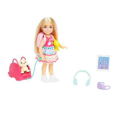 Barbie Chelsea Doll & 6 Accessories, Travel Set with Puppy, Pet Carrier & Backpack that Opens & Closes, Blonde Small Doll