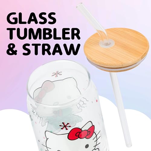 Silver Buffalo Sanrio Hello Kitty Holiday Glass Tumbler with Bamboo Lid and Glass Straw, 16 Ounces