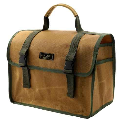 Tool Bag, Heavy Duty 16oz Waxed Canvas Tool Carrier, Multi-Purpose Tote Bag with 1 Large Capacity & 2 Side Pockets, Portable Tool Storage for Wrenches Chisels Scissors Hammer - Khaki