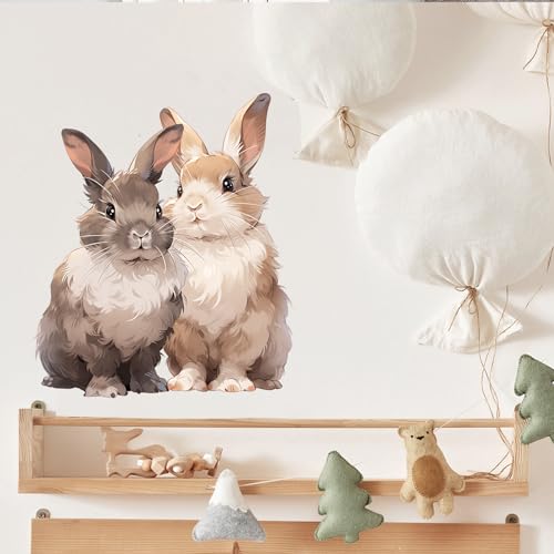Cute Two Bunnies Wall Decal Nursery Animal Rabbits Wall Sticker Removable Peel and Stick Wall Art Decor for Kid Baby Classroom Preschool Living Room Playroom Bedroom School