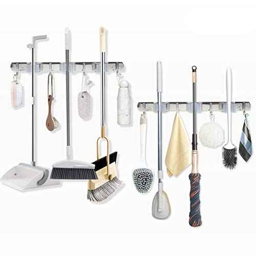 DGSL 4 PCS Broom Holder Wall Mount with 3 Racks 4 Hooks, Stainless Steel Wall Mounted Organizer Mop and Broom Storage Tool Rack for Home Kitchen Garden