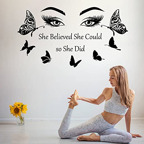 Inspirational Wall Decal Quotes Eyelash Eyes Wall Stickers Motivational Word Letter Decals She Believe She Could So She Did Wall Art Positive Sayings Sticker for Women Girls Bedroom Living Room Decor