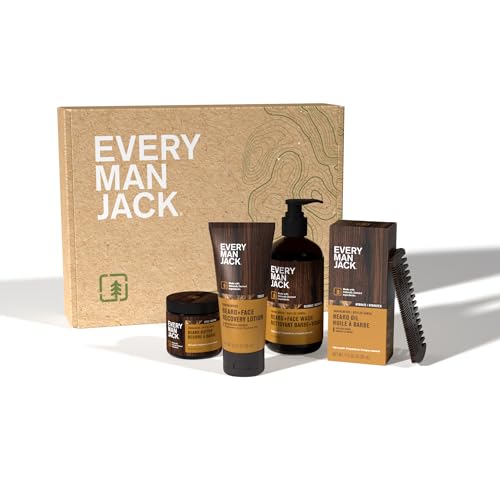 Every Man Jack Beard Essentials Gift Set for Men – Complete Routine with 5 Full-Size Products – Sandalwood Scent - Beard & Face Wash, Lotion, Oil, Butter & Comb
