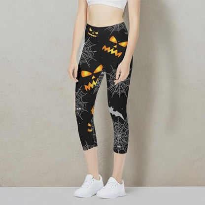 AFPANQZ Women's Leggings High Waisted Yoga Pants Casual Butt Lift Compression Leggings for Gym Yoga Sport Pants Seamless Halloween Cobweb Pumpkin Print Stretch Capri Yoga Pants