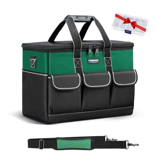 Tool Bag, 14-inch Wide Mouth Tool Storage Organiser, 600 Denier with 6 Interior 8 Exterior Pockets for Home DIY & Equipment Storage, Green and Black (14 inch)