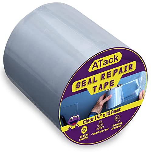 ATack Waterproof Patch and Seal Tape, Clear, 4 Inches x 10 Feet, Water Barrier Tape for Stop Leak Repair on Pipes, Chimney, Roof, Boat, and HVAC