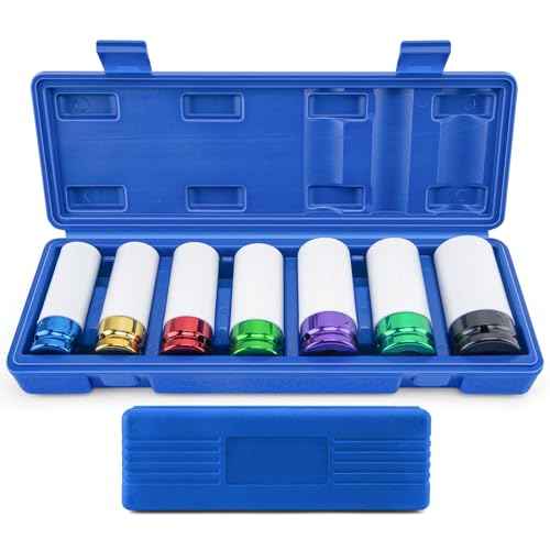 1/2" Drive Wheel Protector Impact Socket, Metric Impact Socket Tool Set, Lug Nut Impacts Socket Set-17mm, 19mm, 21mm, 22mm, 23mm, 24mm, 27mm Non-Marring Thin Wall Wheel Nut Socket