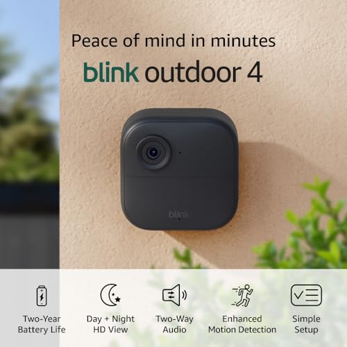 Blink Outdoor 4 (newest model) – Wireless smart security camera, two-year battery life, 1080p HD day and infrared night live view, two-way talk. Sync Module Core included – 1 camera system
