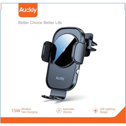 Auckly Qi 15W Car Phone Holder Wireless Charger, [270 ° Automatic Clamping], Wireless Car Charger Mount, Air Vent, for iPhone 11 12 13 14 15 16 Series & Samsung, Electromagnetic Induction, Black