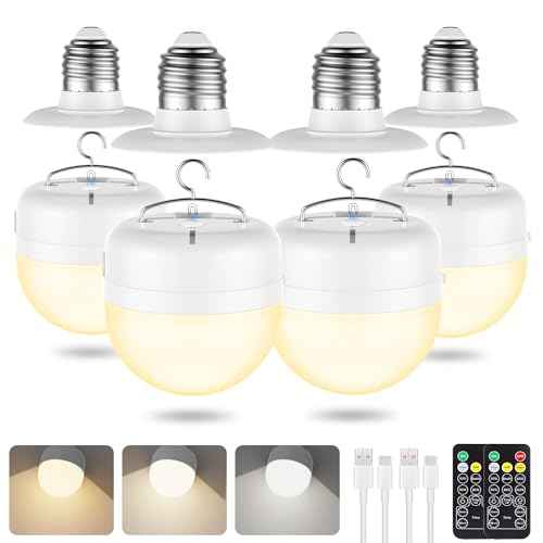 4Packs E26 Rechargeable Magnetic Light Bulbs with Remote and Hook, 10W 900LM Battery operated Emergency LED Bulb 3500mAh, Portable Large Camping Tent Lamp for Home, Hurricane, Power Outage & Outdoor