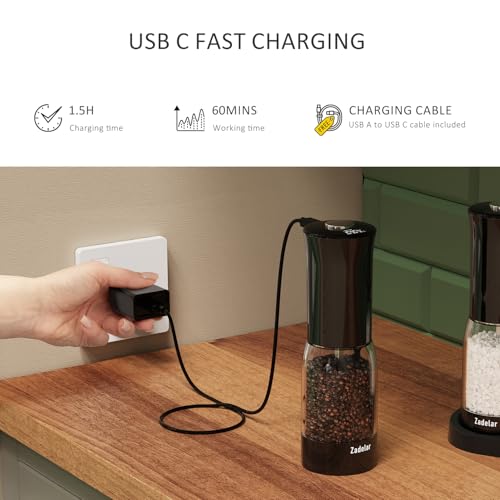 Electric Salt and Pepper Grinder Set with LED Power Display,Larger Capacity Salt and Pepper Shakers Set Rechargeable Electric with Flexible Coarsenes,LED Light,One Hand Operation for Kitchen