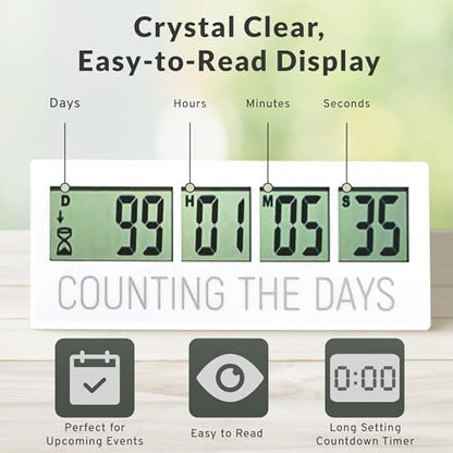 Countables Counting the Days Countdown Clock - Up to 999 Days LCD Digital Timer - Easy to Set & Read Reusable Count Down Timer for Retirement, Wedding, Christmas, Holiday,Baby Due Date,Birthday & More