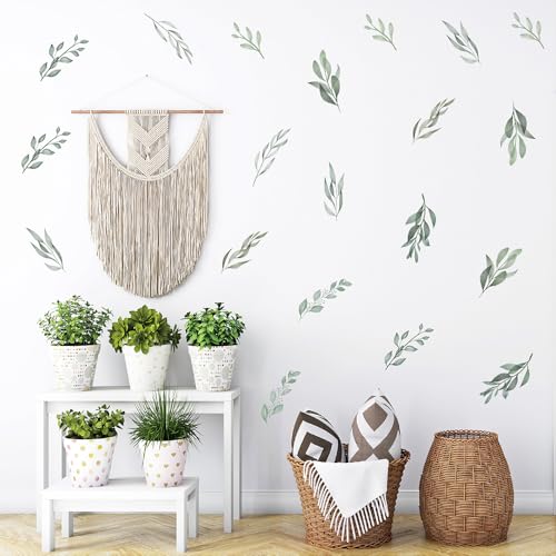 96 Pcs Sheets Pack Ink-Wash Style Self-Adhesive Waterproof Vinyl Wall Stickers-12 Sheet Leaf Decals for Wall Decor in Living Room/Cafe/Nursery/Bedroom/Office(Pastoral stylel)