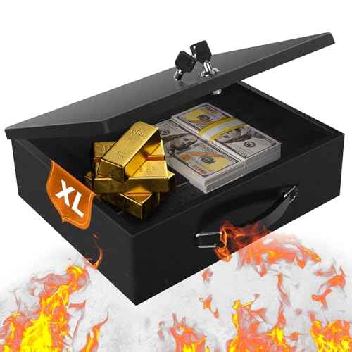Fireproof Document Box,X Large Fire Resistant Safe Box with Key Lock for Home, Portable Fireproof Lock Box for Personal Items, Passport, Cash, Tablet, Exterior 13.2" x 11" x 4.13"
