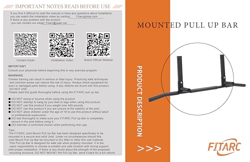 Fitarc Joist Mount Pull Up Bar, Chin Up Bar Ceiling Mount, Heavy Duty, Workout for Home Gym, 42 in Wide -Patent Pending