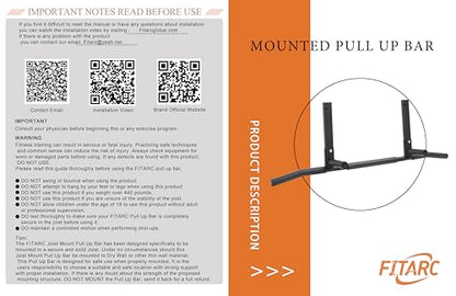 Fitarc Joist Mount Pull Up Bar, Chin Up Bar Ceiling Mount, Heavy Duty, Workout for Home Gym, 42 in Wide -Patent Pending