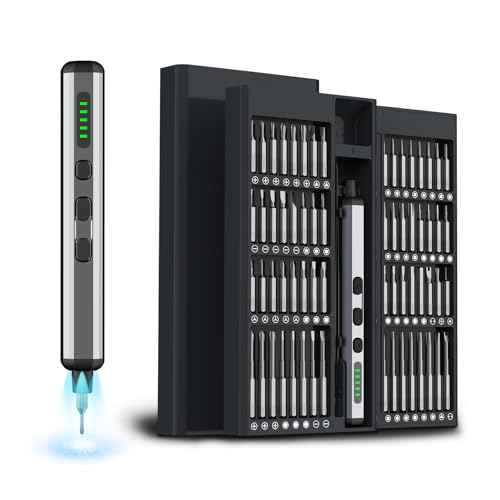 Mini Electric Screwdriver Set,3.7V Power Screwdriver Cordless Rechargeable,4 LED Lights,64 S2 Magnetic Bits,Magnetic Storage,Portable Repair Tool Kit for Electronics Watch Camera Phone Laptop (Grey)