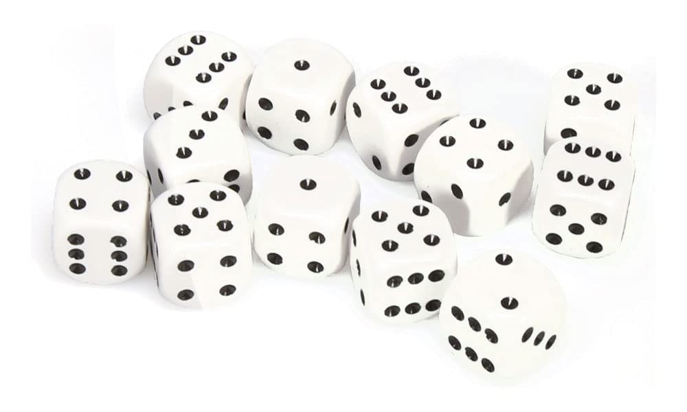 Chessex Opaque 16mm D6 White/Black Dice Block 12 Pipped Dice, Multicolor