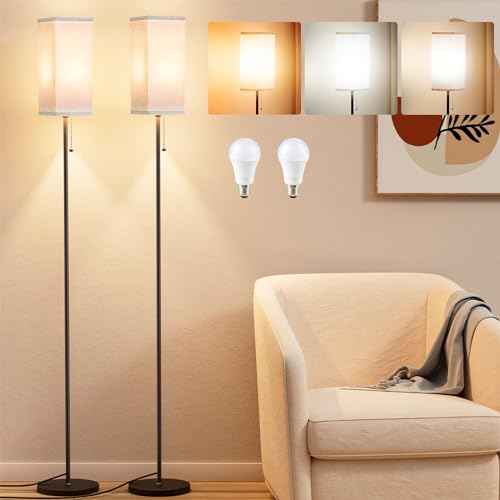 Tall Floor Lamp Set of 2 with Linen Shade - 3 Color Temperature, Black, LED Bulbs, Pull Chain Switch, Easy Assembly(2 Pack)