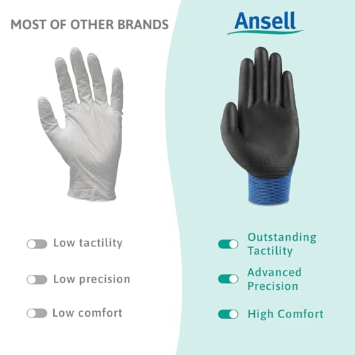 Ansell HyFlex 11-618 Mechanics Gloves, Abrasion-Resistant PU Coating Protective Gloves, Safety Gloves for Precision Handling, Touchscreen Compatible Blue Gloves, Ultra-Thin Work Gloves Large, 12 Pairs