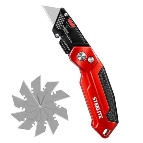 STEELITE Utility Knife Folding, Box Cutter Heavy Duty Metal, Quick Open Botton Lock Razor Knife for Cartons, Rapes, Leather and Cardboard, Blades Storage Design with 10 Extra Blade, Red