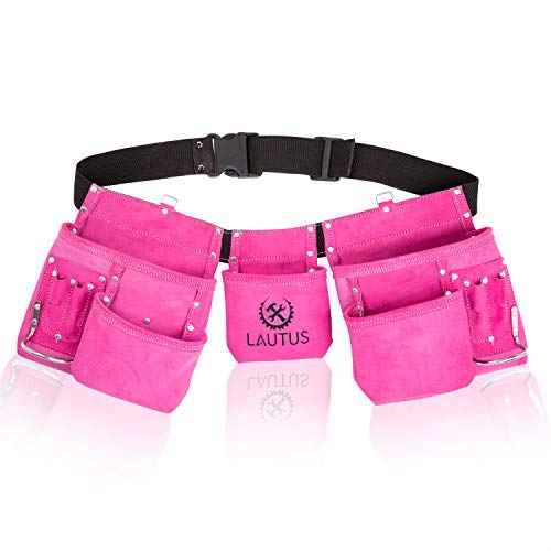 LAUTUS Pink Tool Belt/Pouch/Bag, Carpenter, Construction, Framers, Electrician |11 Pockets| 2 Steel Hammer Holders|