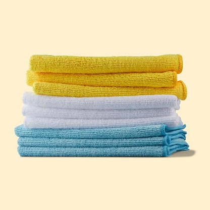 Amazon Basics Microfiber Cleaning Cloths, Ultra Absorbent, Lint Free, Streak Free, Non-Abrasive, Reusable and Washable, 16" x 12", Blue/White/Yellow, Pack of 24