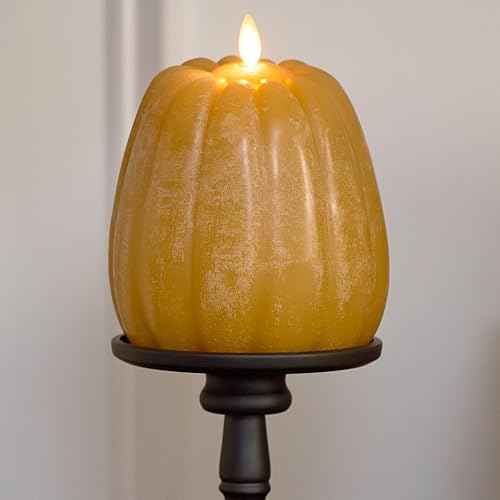 Luminara Flickering Flameless Harvest Gold Pumpkin Candle, Battery Operated Plug Free Home Indoor Decoration, Timer, Remote Ready (Sold Separately), 4.9" x 6" Real Flame LED Light Halloween Fall Decor