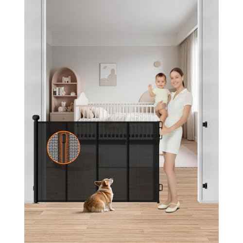 Retractable Baby Gate, 55" Wide Mesh Gate with 4 Reinforced Rods, Prevents Kids & Dogs from Crawling Under, 34" Tall Easy-to-Use Pet Gate for Stairs, Bedrooms, Hallways, Indoor/Outdoor, Black