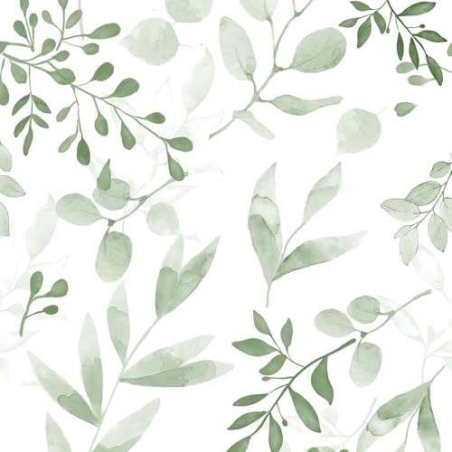 Green Leaf Wallpaper,Vinyl Green and White Floral Peel and Stick Wallpaper Thicken Farhouse Neutral Wall Paper for Table Shelf Drawer Counter Top Cabinet Liner 17.7 x 118.1 inches
