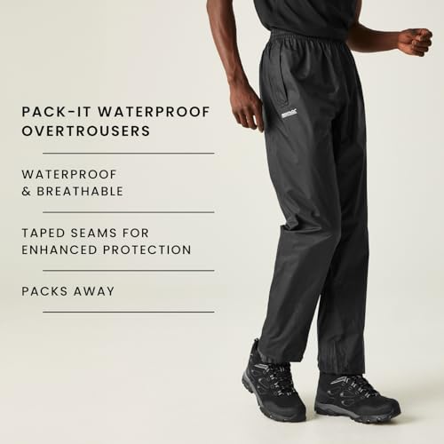 Regatta Men's Pack-it Waterproof Outdoor Overtrousers & Pack-Away Bag Hiking Lightweight Breathable Black