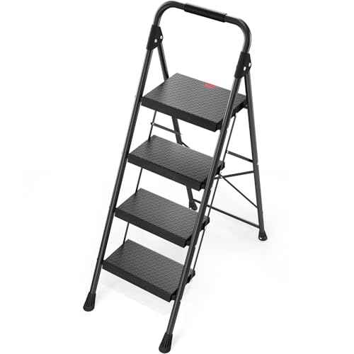 KINGRACK Step Ladder, Portable Folding Step Stool with Anti-Slip Wide Pedals, Heavy Sturdy Steel with Handrail, Safe-Lock Design, 800lbs Load Capacity, for Home and Kitchen, Black (4 Step Ladder)