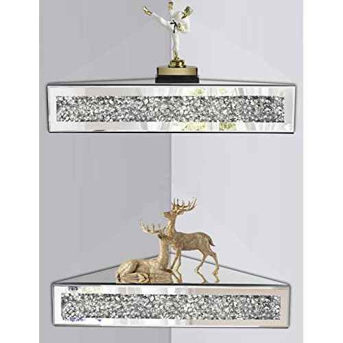 Mirrored Floating Corner Shelf, Silver Mirror Crushed Diamond Decorative Wall Shelf for Home Decoration Crystal Diamond Wall Art Decor Accent Piece Showcase 11.8" L¡¿11.8" W¡¿3.1" H, Set of 2