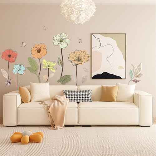 HLNIUC Large Boho Flower Wall Stickers Peel And Stick 24¡±x35¡±Colorful Spring Wildflowers Wall Decal Watercolor Vintage Floral Window Clings Bohemian Butterfly Grass Wall Decor for Living Room Bedroom